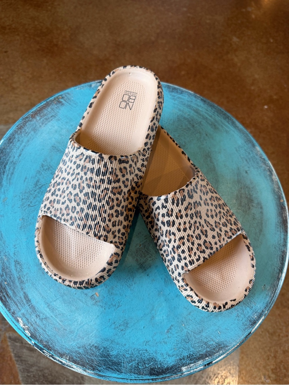Leopard Print Slide Sandals in Beige and Black